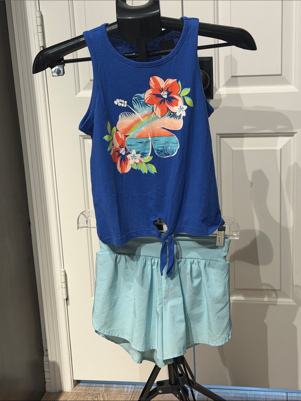 The Children's Place Royal Blue Tropical Tie-Front Tank with Light Aqua Shorts